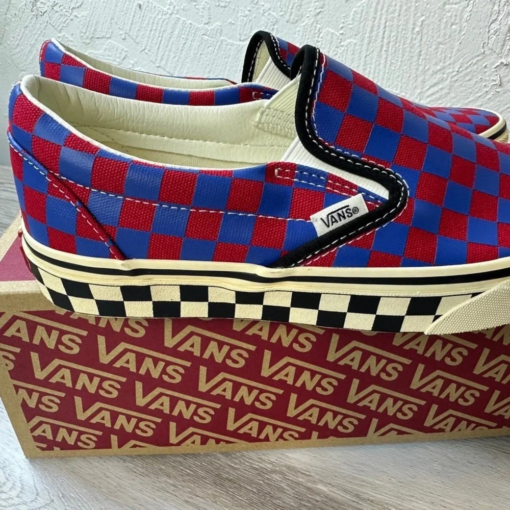Vans Classic Slip-On Shoes Mens Size 8 Red Blue Canvas Checkerboard Skater NEW
